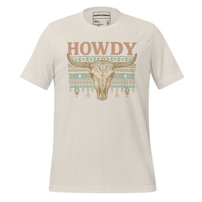 Heather Dust t-shirt with graphic of bull skull, aztec pattern, and words howdy across the top #heatherdust