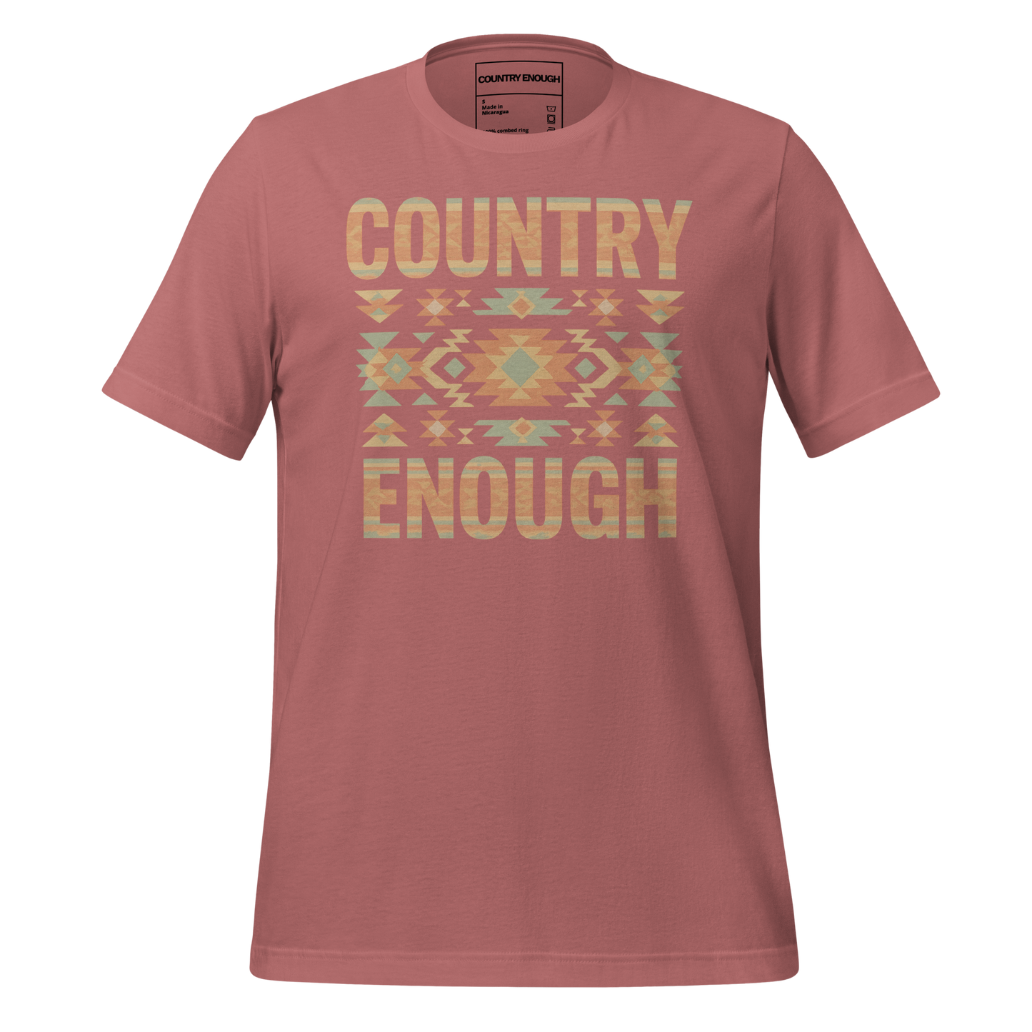 Mauve t-shirt with a stand alone aztec pattern and the pattern used as the color for the words country enough #mauve