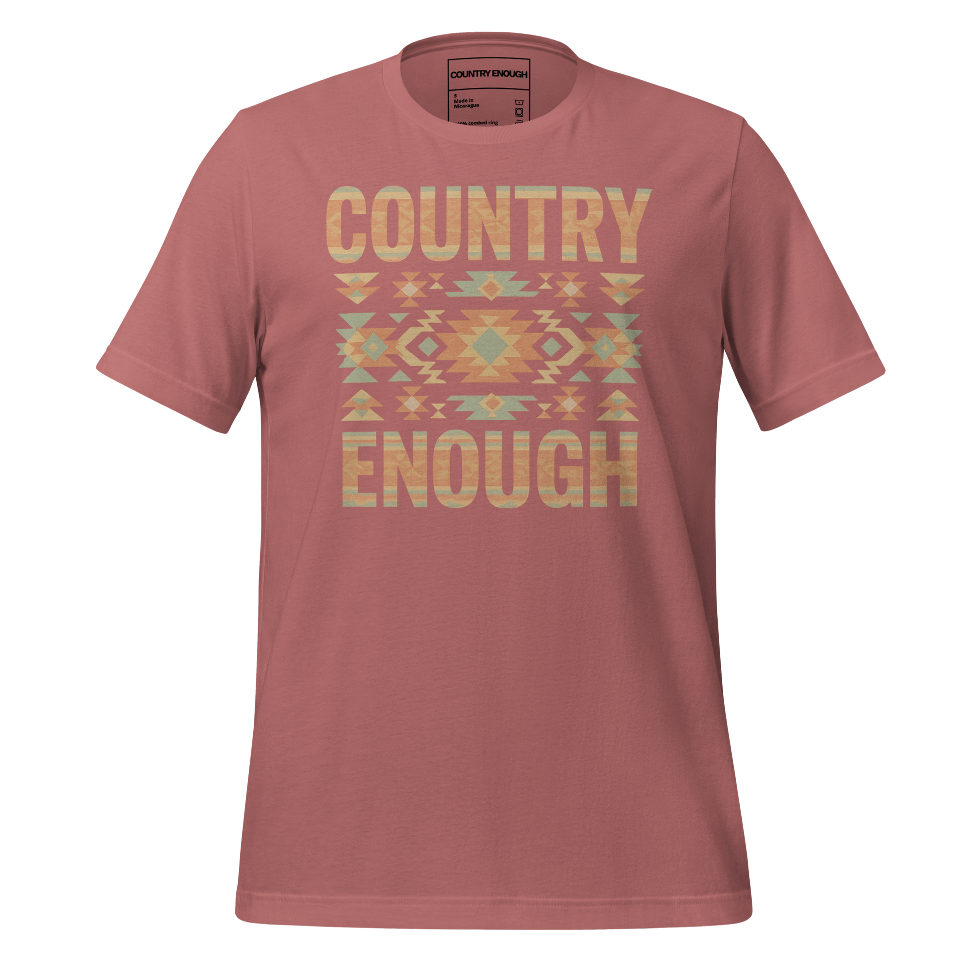 Mauve t-shirt with a stand alone aztec pattern and the pattern used as the color for the words country enough #mauve