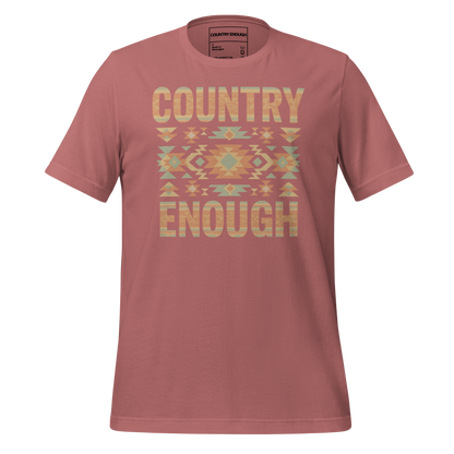 Mauve t-shirt with a stand alone aztec pattern and the pattern used as the color for the words country enough #mauve