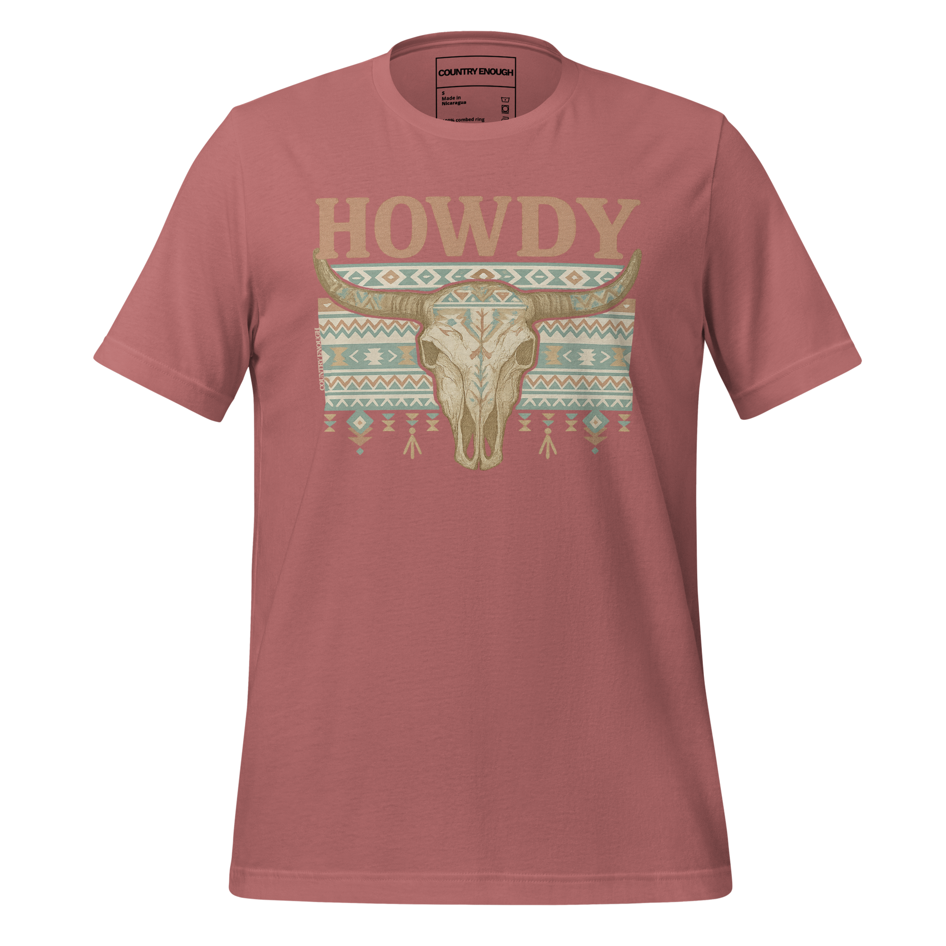 Mauve t-shirt with graphic of bull skull, aztec pattern, and words howdy across the top #mauve