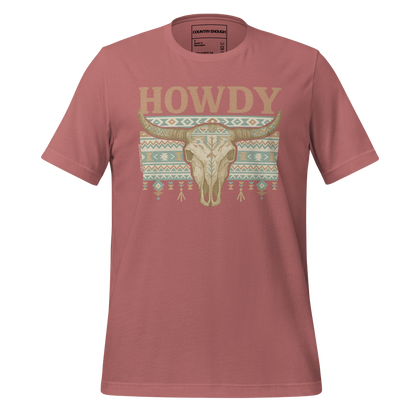 Mauve t-shirt with graphic of bull skull, aztec pattern, and words howdy across the top #mauve