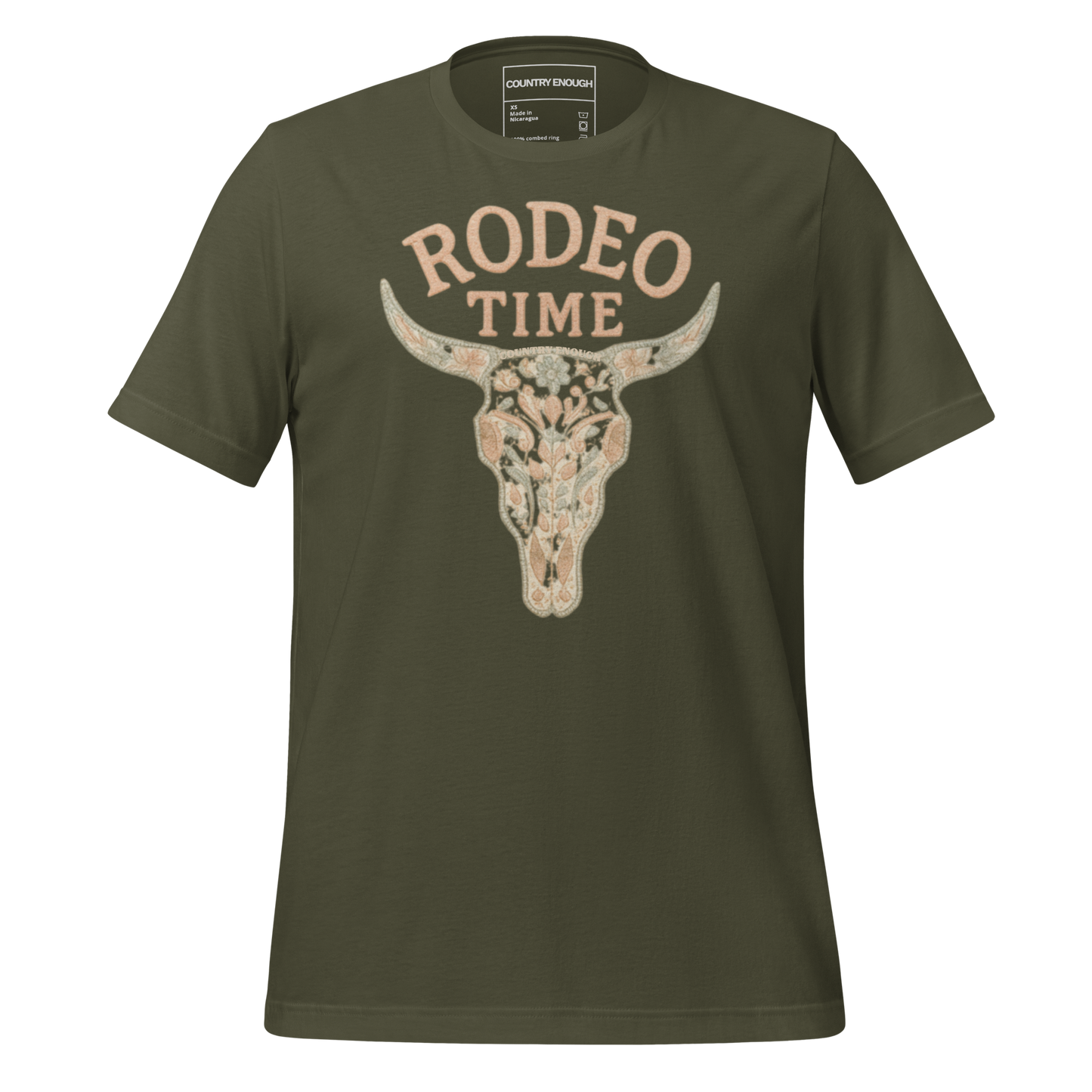 Military Green t-shirt with graphic of a bull skull filled with flower pattern and the words rodeo time above #militarygreen