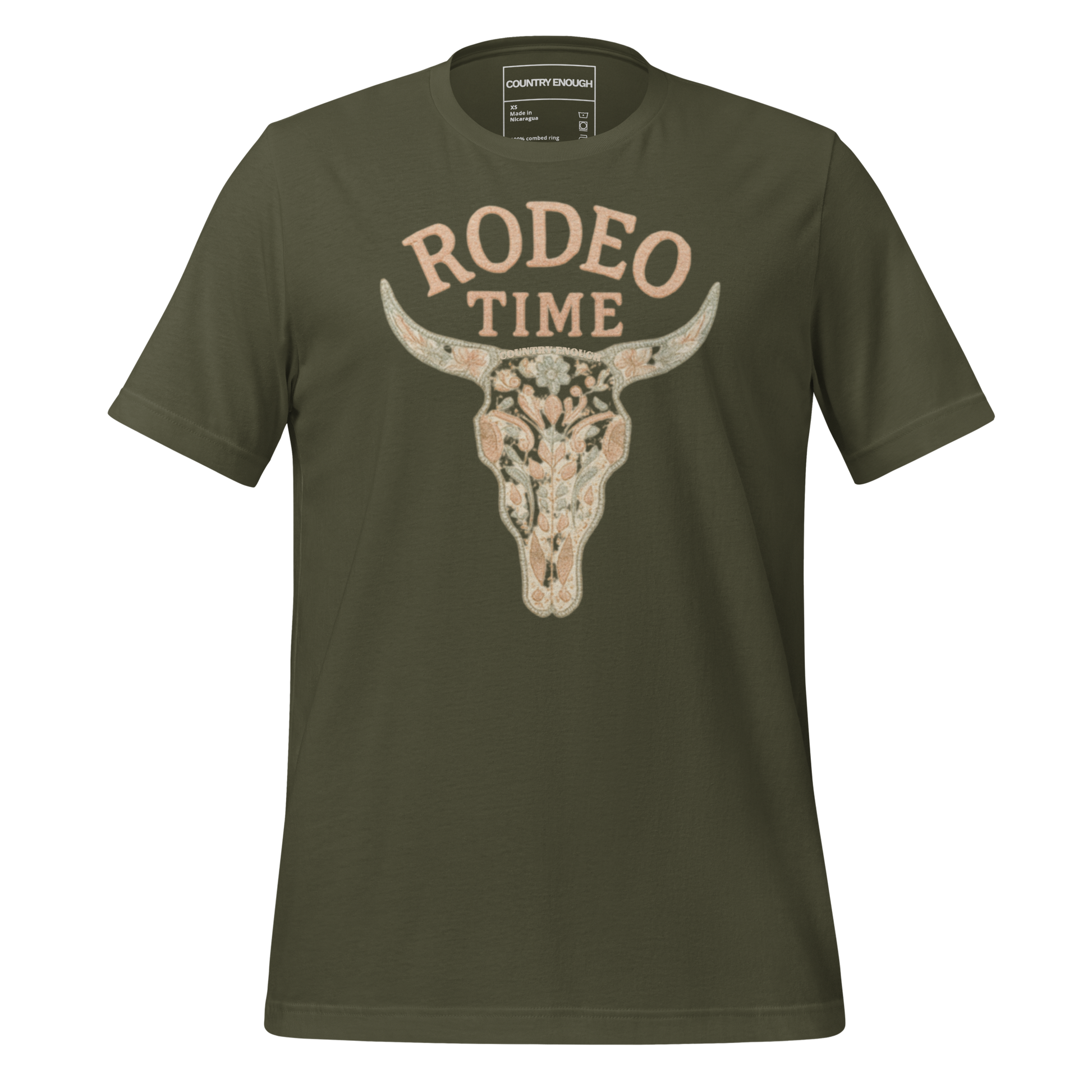 Military Green t-shirt with graphic of a bull skull filled with flower pattern and the words rodeo time above #militarygreen