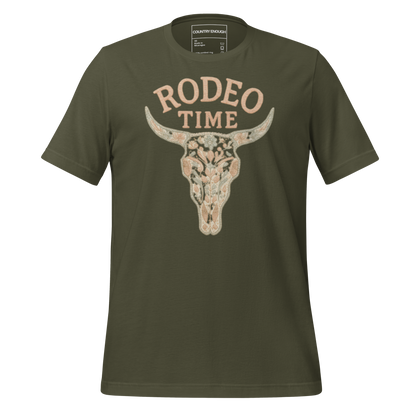 Military Green t-shirt with graphic of a bull skull filled with flower pattern and the words rodeo time above #militarygreen