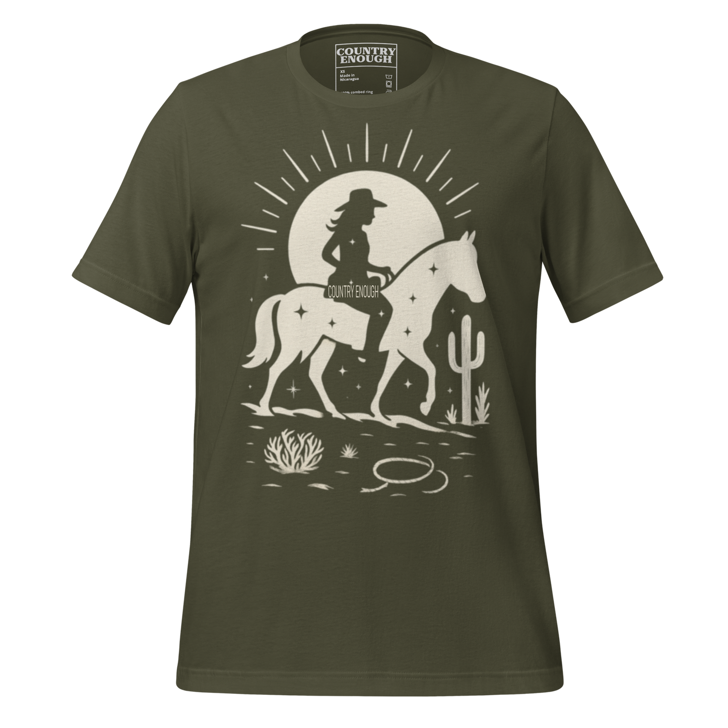 Military Green t-shirt with sun, horse, cowgirl, and desert landscape in monochrome graphic #militarygreen