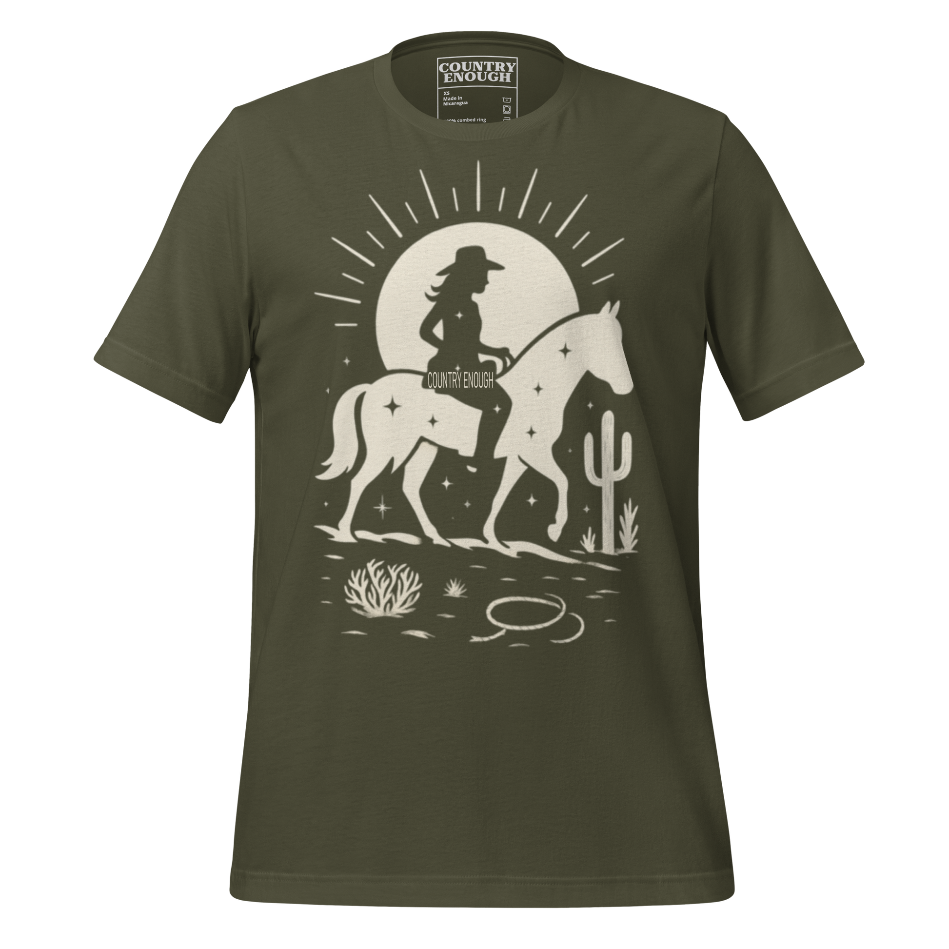 Military Green t-shirt with sun, horse, cowgirl, and desert landscape in monochrome graphic #militarygreen