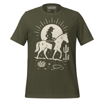 Military Green t-shirt with sun, horse, cowgirl, and desert landscape in monochrome graphic #militarygreen