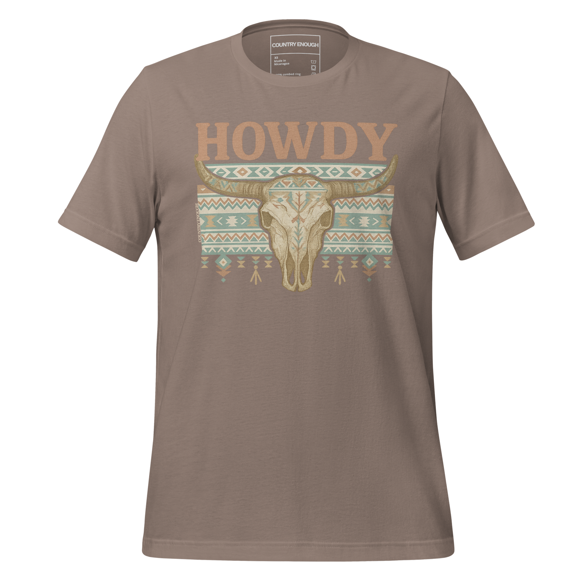 Pebble t-shirt with graphic of bull skull, aztec pattern, and words howdy across the top #pebble