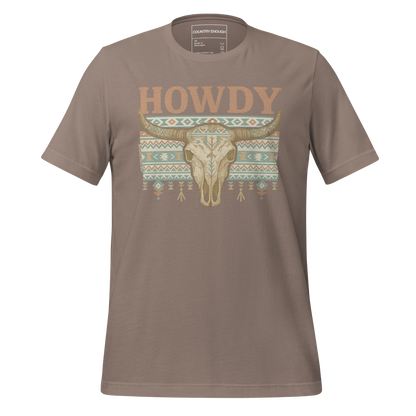 Pebble t-shirt with graphic of bull skull, aztec pattern, and words howdy across the top #pebble