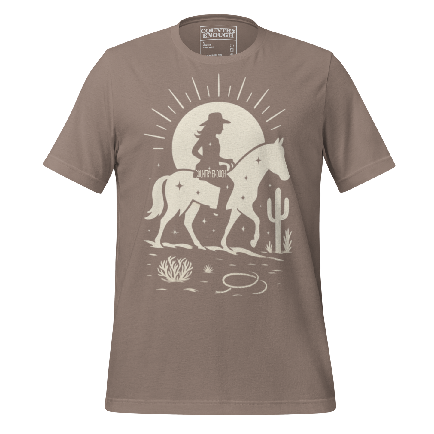 Pebble t-shirt with sun, horse, cowgirl, and desert landscape in monochrome graphic #pebble