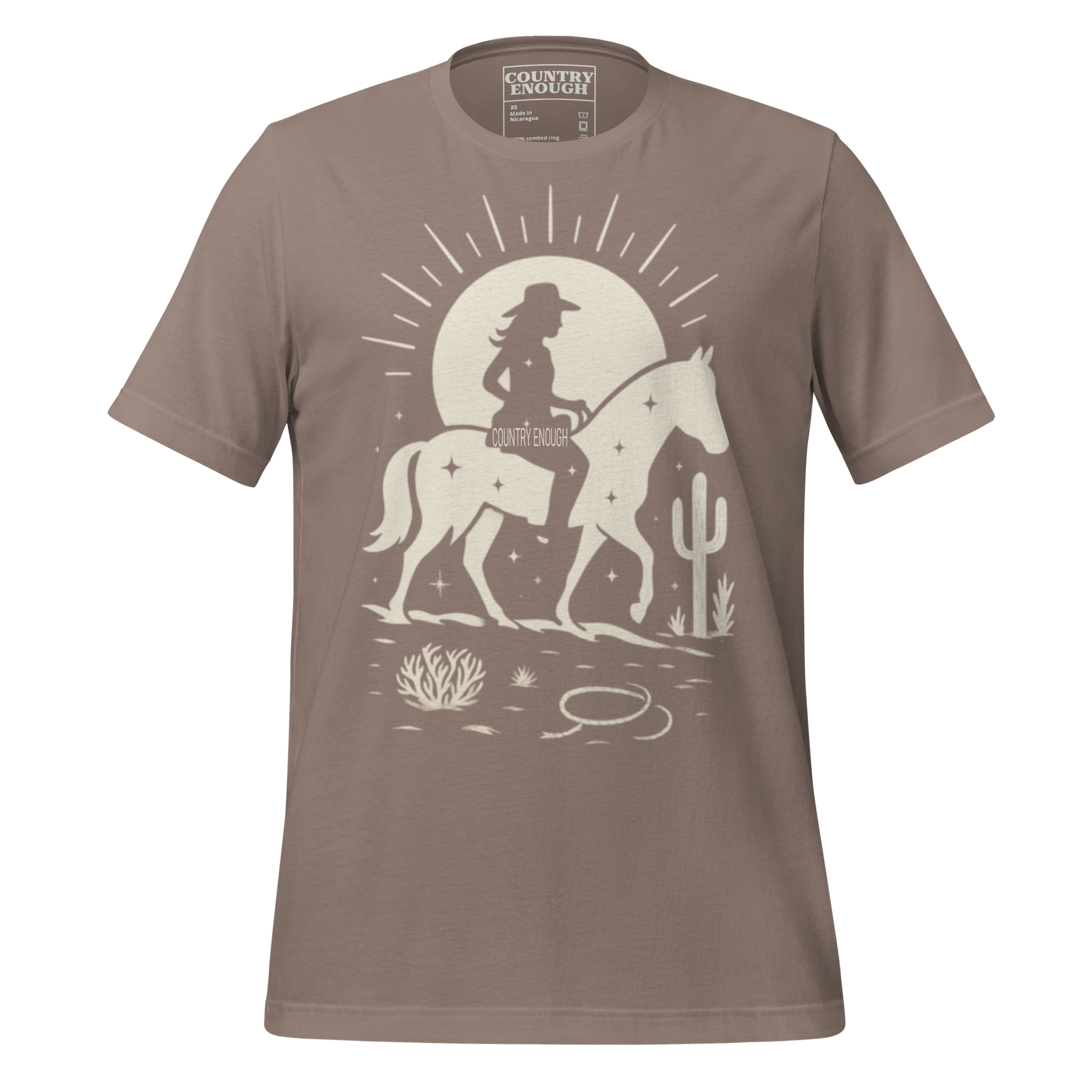 Pebble t-shirt with sun, horse, cowgirl, and desert landscape in monochrome graphic #pebble