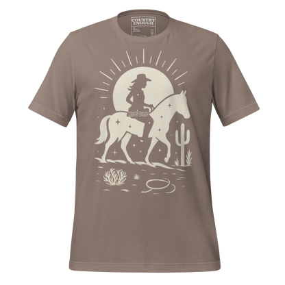Pebble t-shirt with sun, horse, cowgirl, and desert landscape in monochrome graphic #pebble