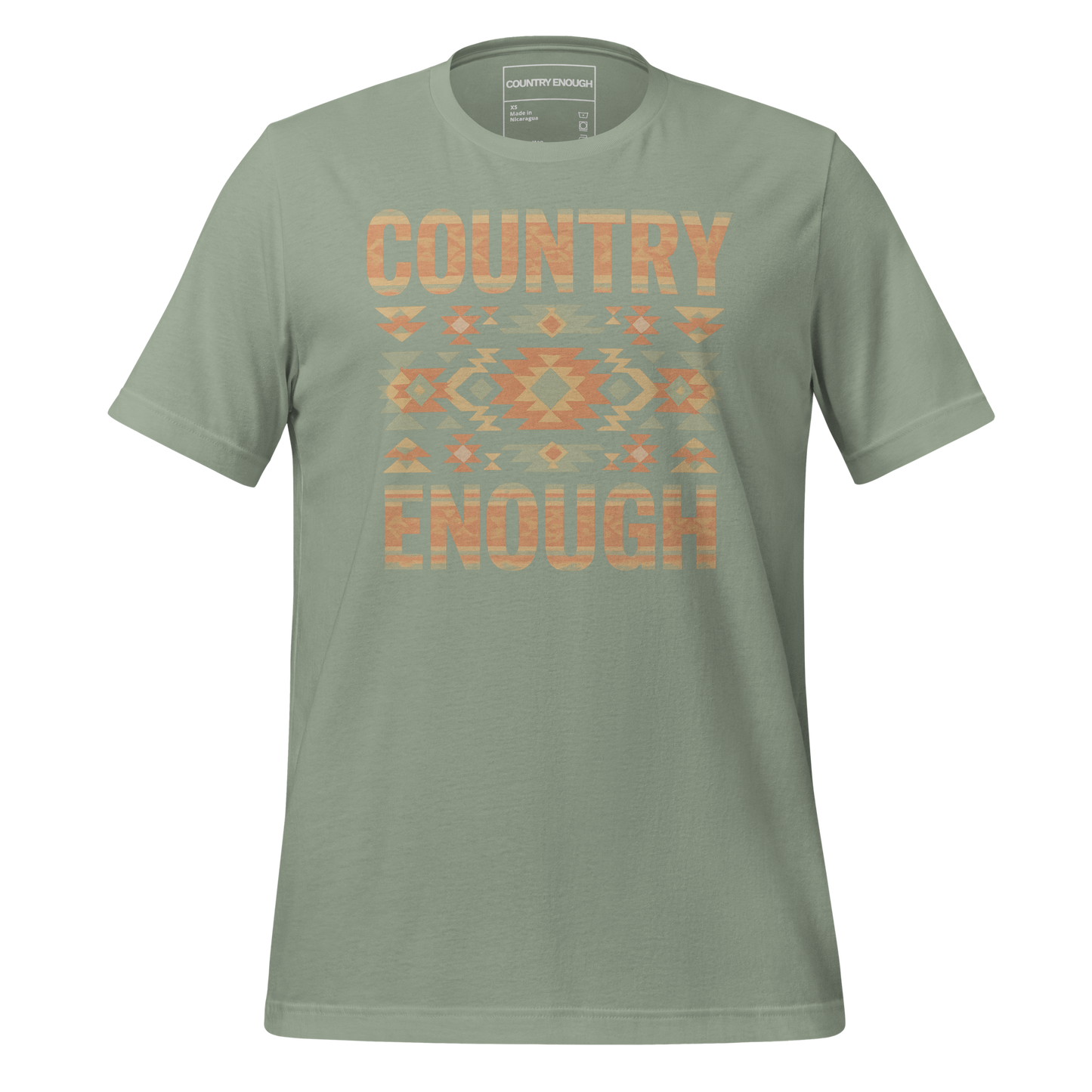 Sage t-shirt with a stand alone aztec pattern and the pattern used as the color for the words country enough #sage