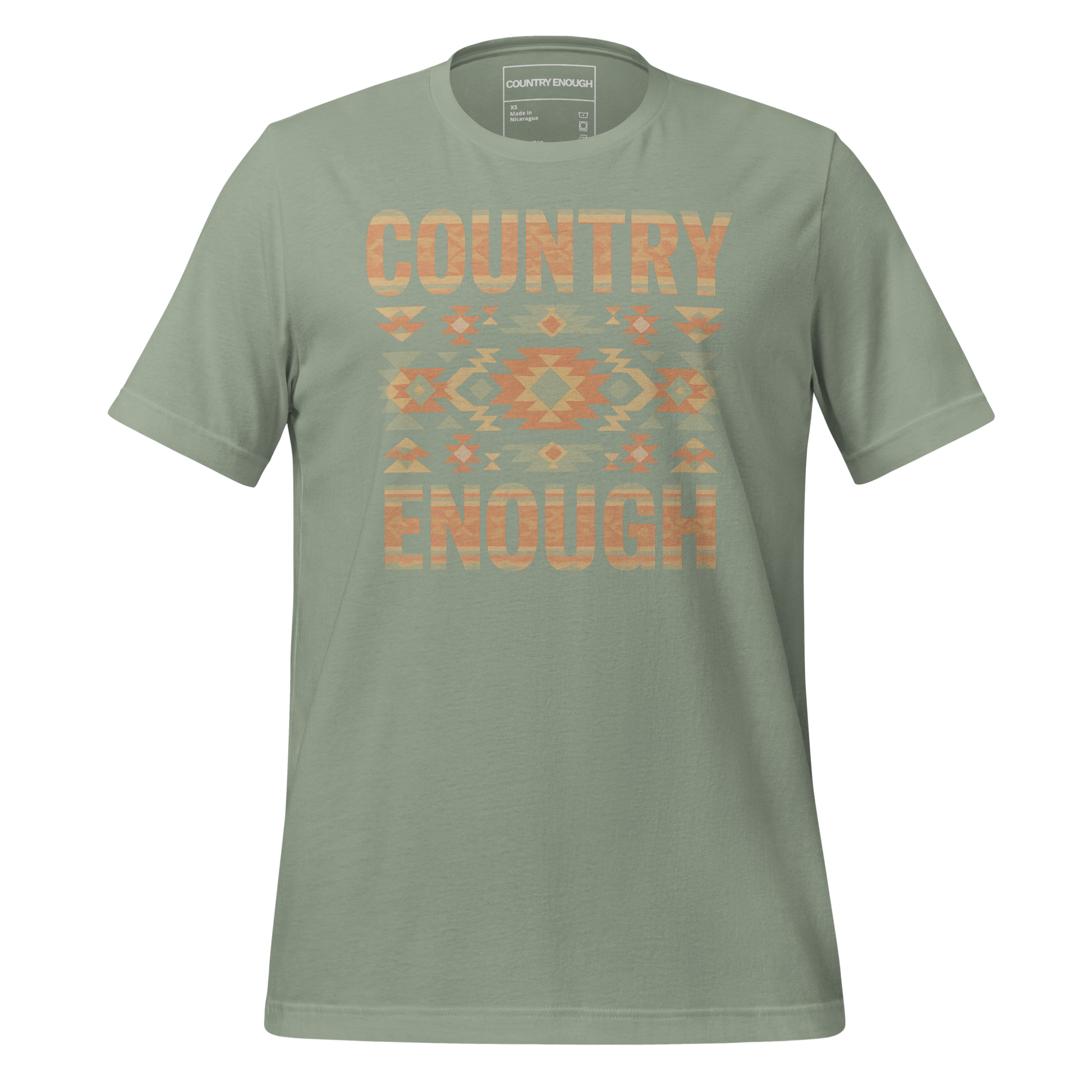 Sage t-shirt with a stand alone aztec pattern and the pattern used as the color for the words country enough #sage