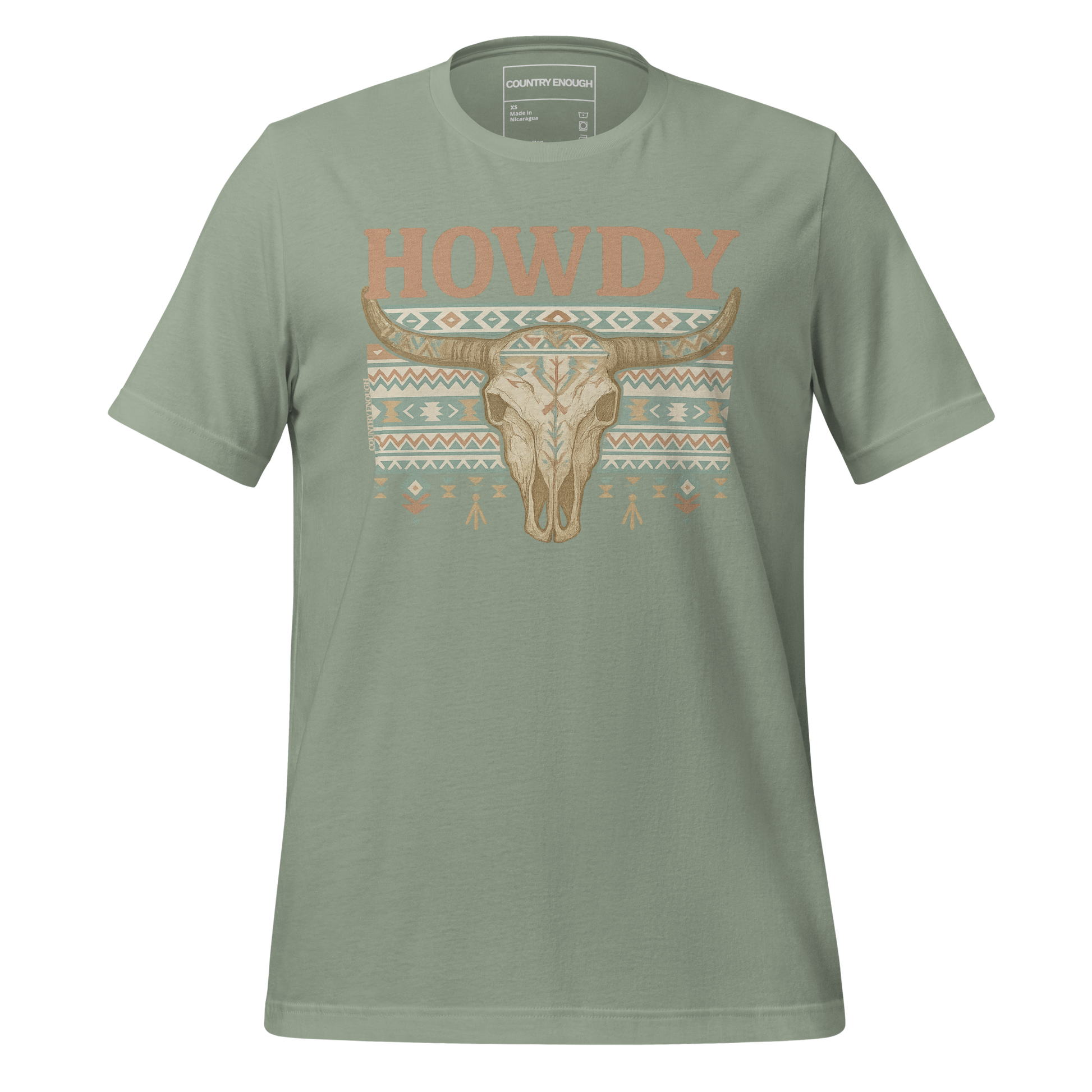 Sage t-shirt with graphic of bull skull, aztec pattern, and words howdy across the top #sage