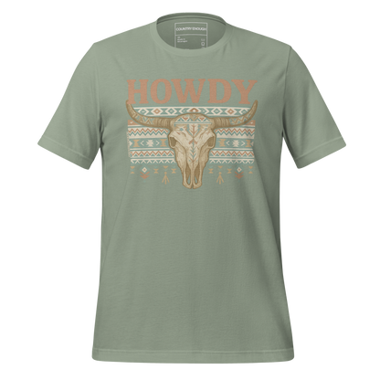 Sage t-shirt with graphic of bull skull, aztec pattern, and words howdy across the top #sage