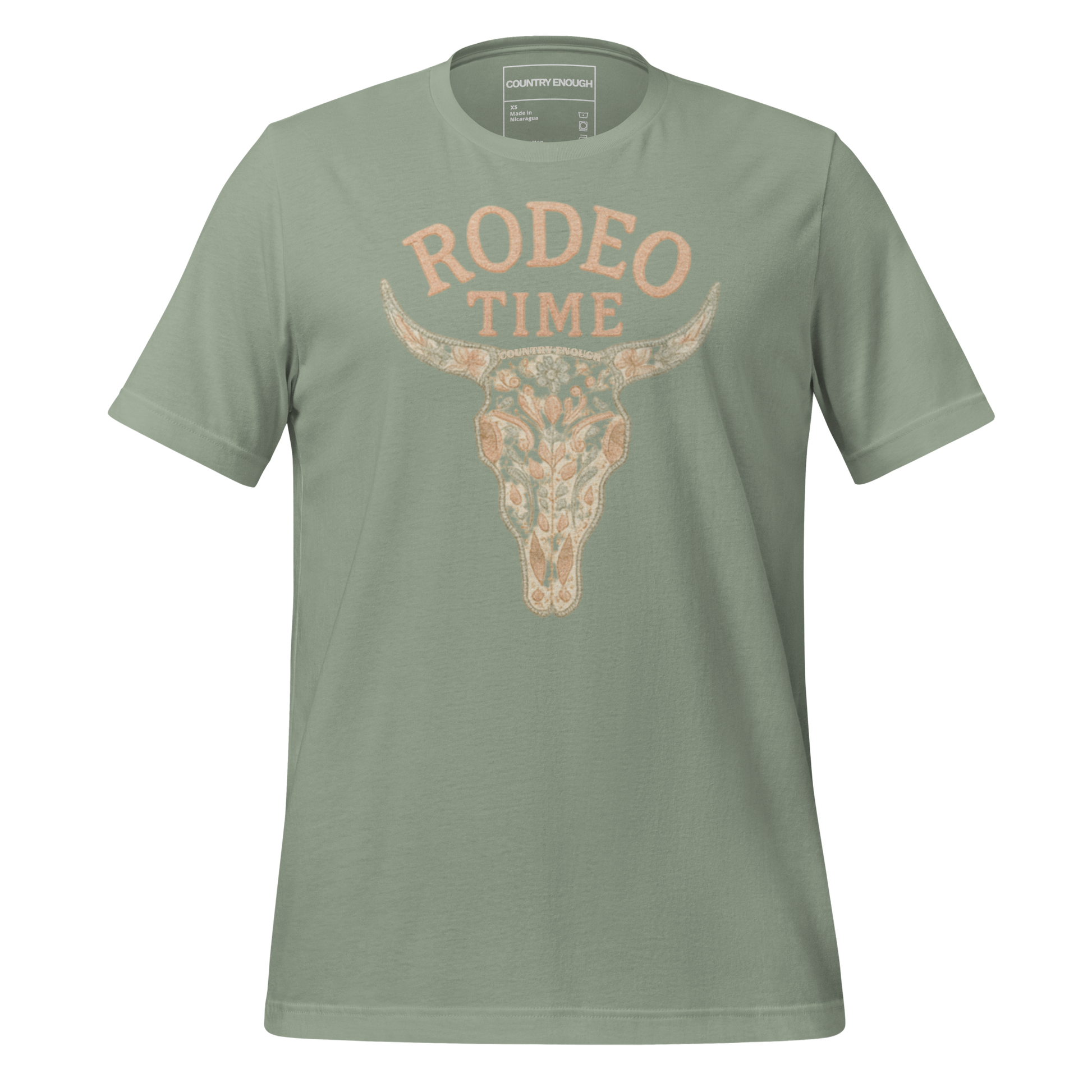 Sage t-shirt with graphic of a bull skull filled with flower pattern and the words rodeo time above #sage