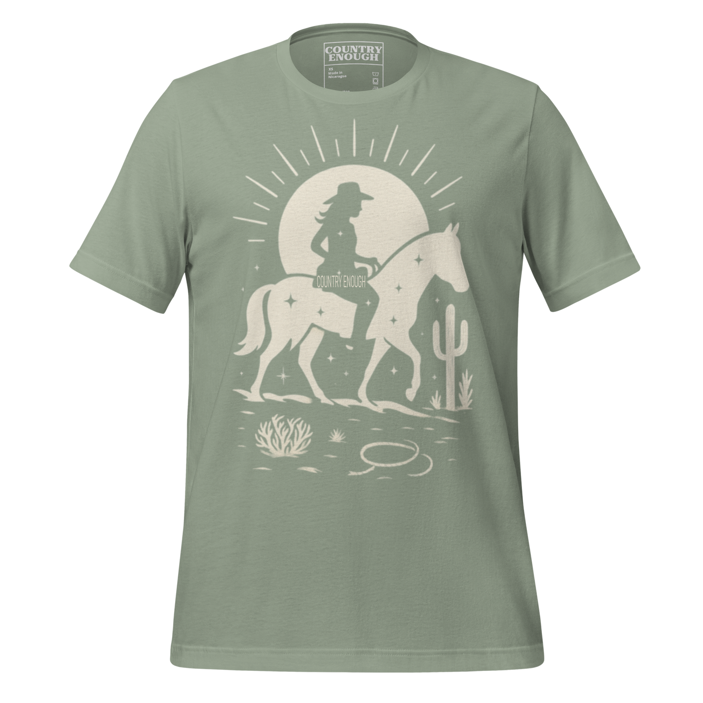 Sage t-shirt with sun, horse, cowgirl, and desert landscape in monochrome graphic #sage