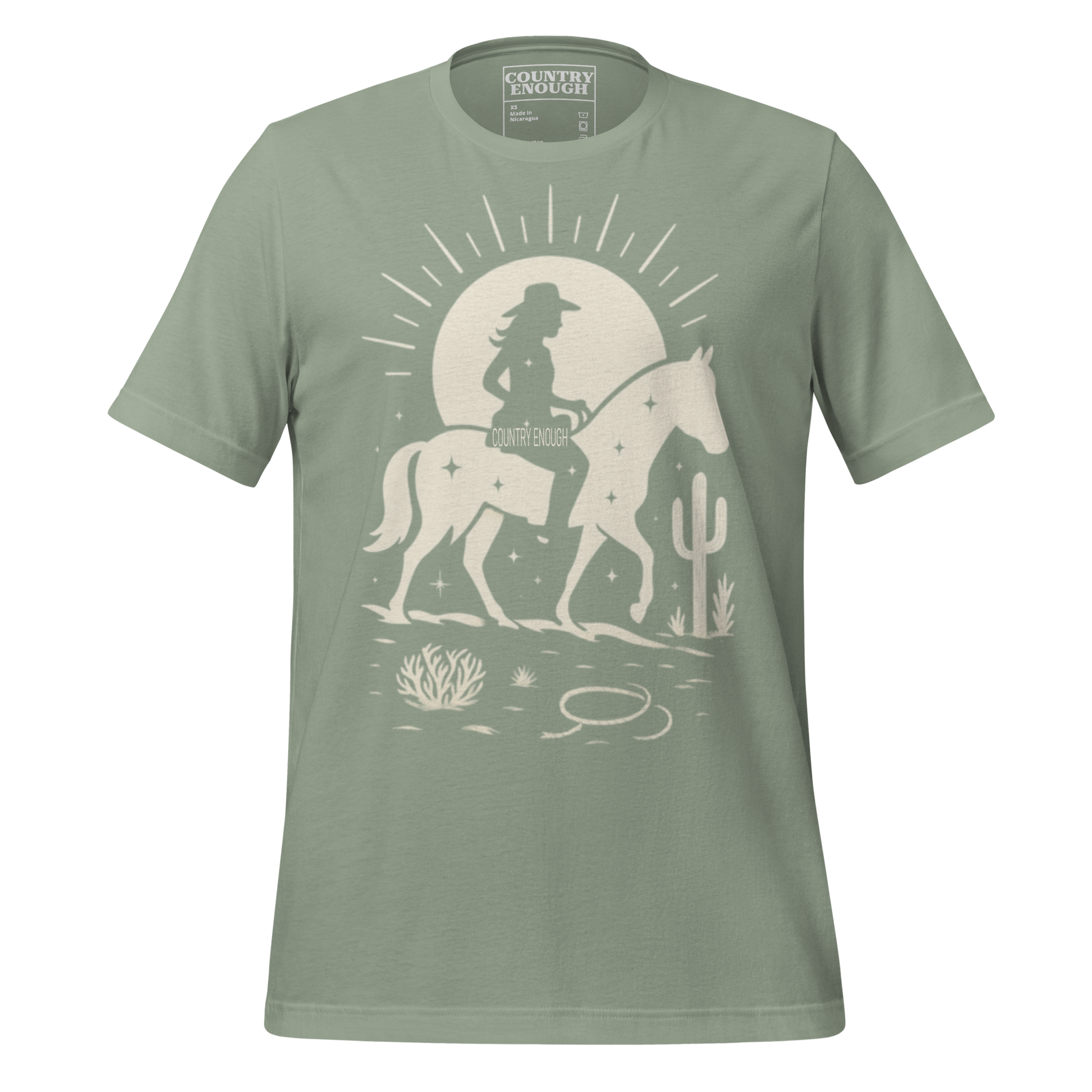 Sage t-shirt with sun, horse, cowgirl, and desert landscape in monochrome graphic #sage