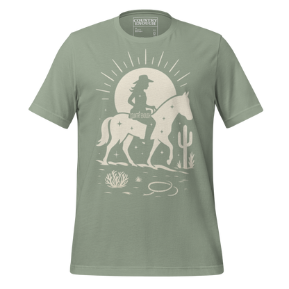 Sage t-shirt with sun, horse, cowgirl, and desert landscape in monochrome graphic #sage
