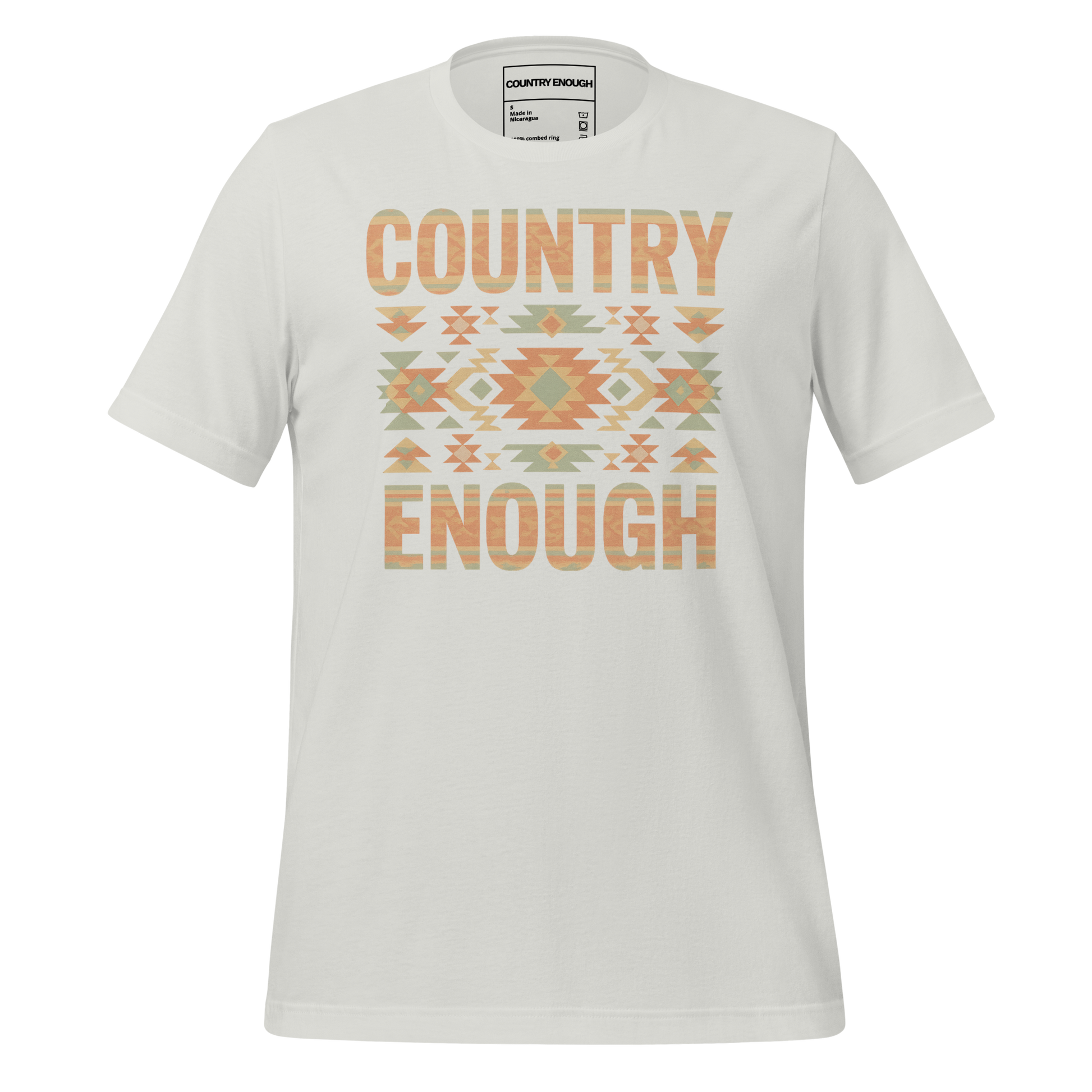 Silver t-shirt with a stand alone aztec pattern and the pattern used as the color for the words country enough #silver