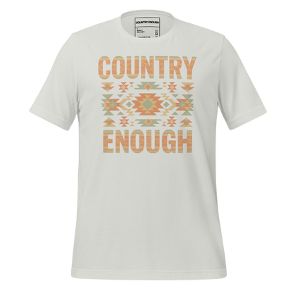 Silver t-shirt with a stand alone aztec pattern and the pattern used as the color for the words country enough #silver