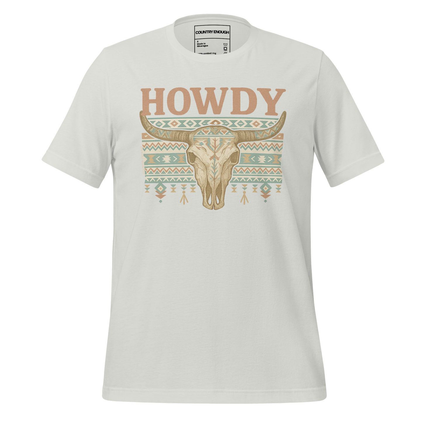 Silver t-shirt with graphic of bull skull, aztec pattern, and words howdy across the top #silver