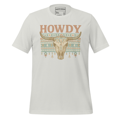 Silver t-shirt with graphic of bull skull, aztec pattern, and words howdy across the top #silver
