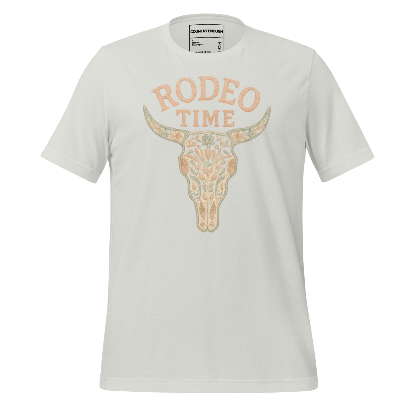Silver t-shirt with graphic of a bull skull filled with flower pattern and the words rodeo time above #silver