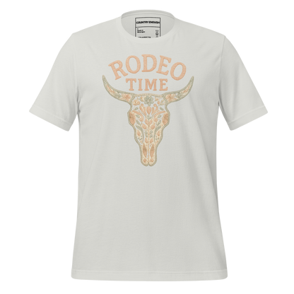 Silver t-shirt with graphic of a bull skull filled with flower pattern and the words rodeo time above #silver
