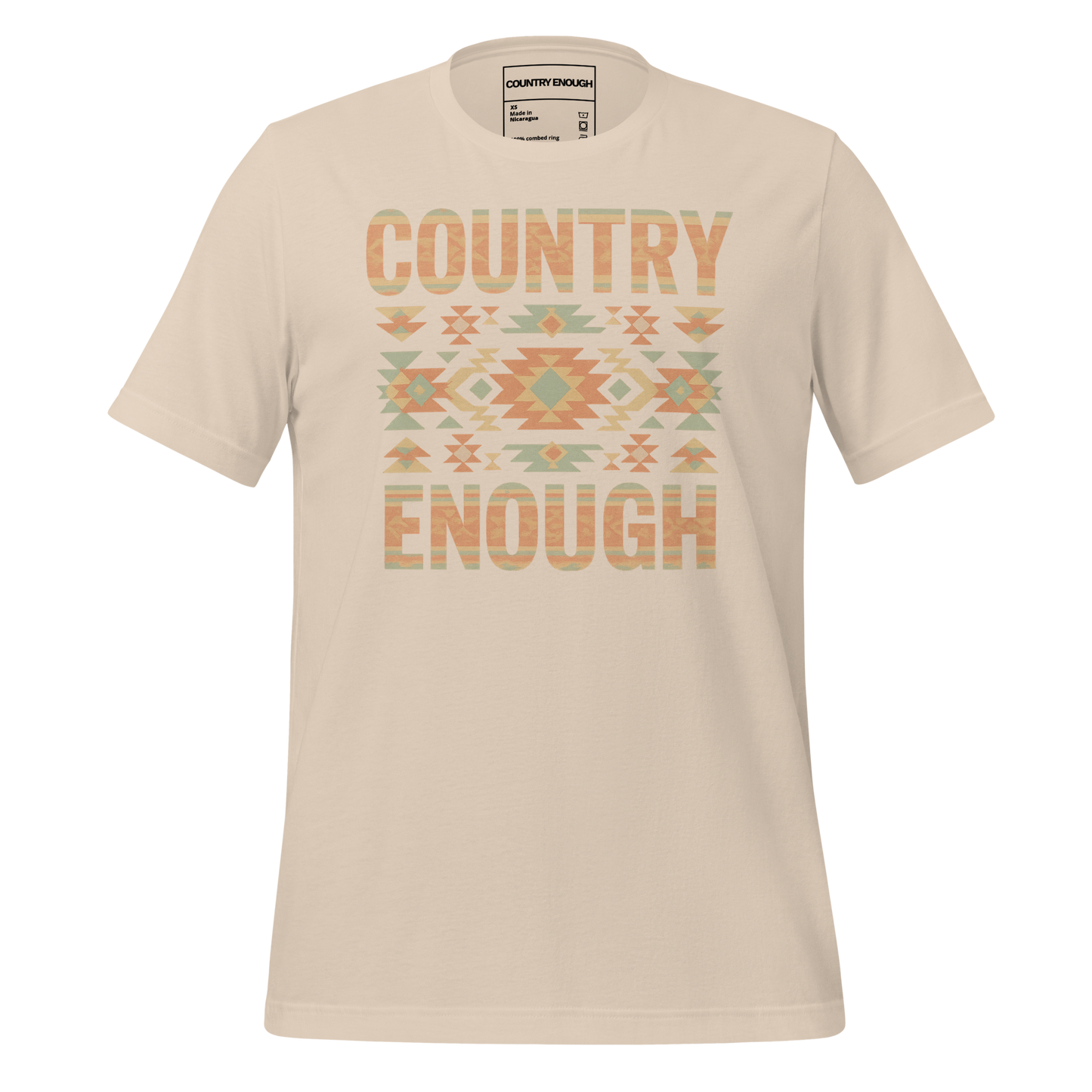 Cream t-shirt with a stand alone aztec pattern and the pattern used as the color for the words country enough #cream