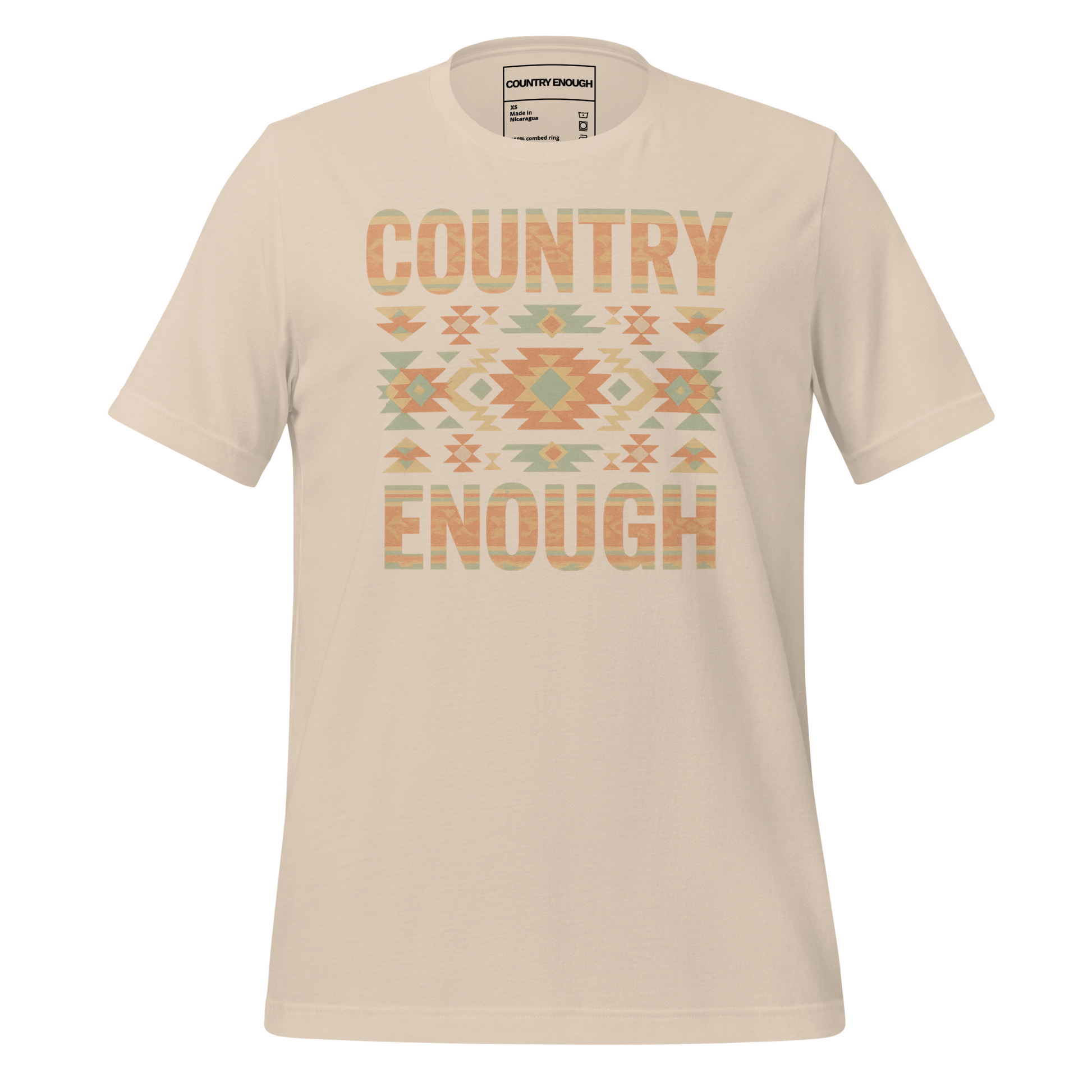 Cream t-shirt with a stand alone aztec pattern and the pattern used as the color for the words country enough #cream