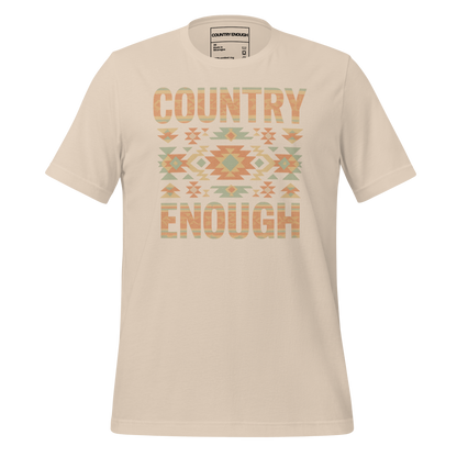Cream t-shirt with a stand alone aztec pattern and the pattern used as the color for the words country enough #cream