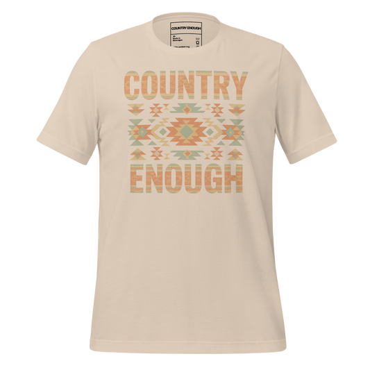 Cream t-shirt with a stand alone aztec pattern and the pattern used as the color for the words country enough #cream