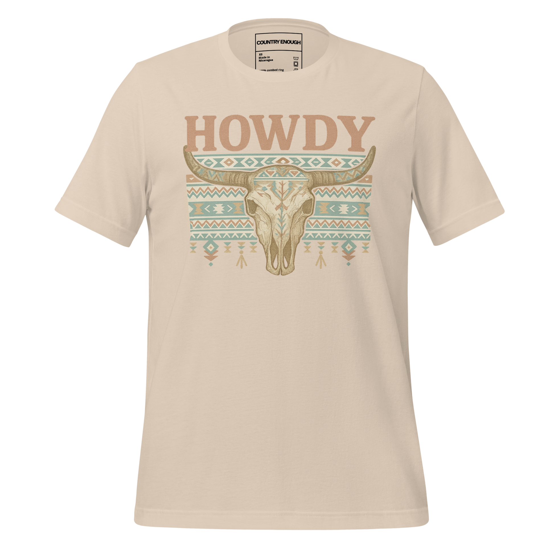 Cream t-shirt with graphic of bull skull, aztec pattern, and words howdy across the top #cream