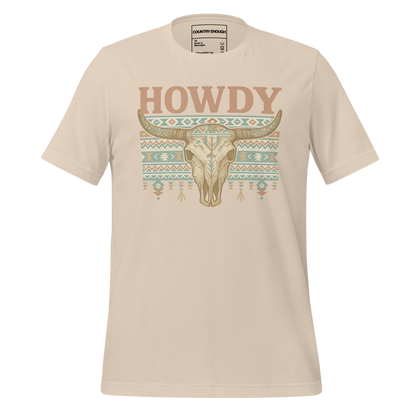Cream t-shirt with graphic of bull skull, aztec pattern, and words howdy across the top #cream