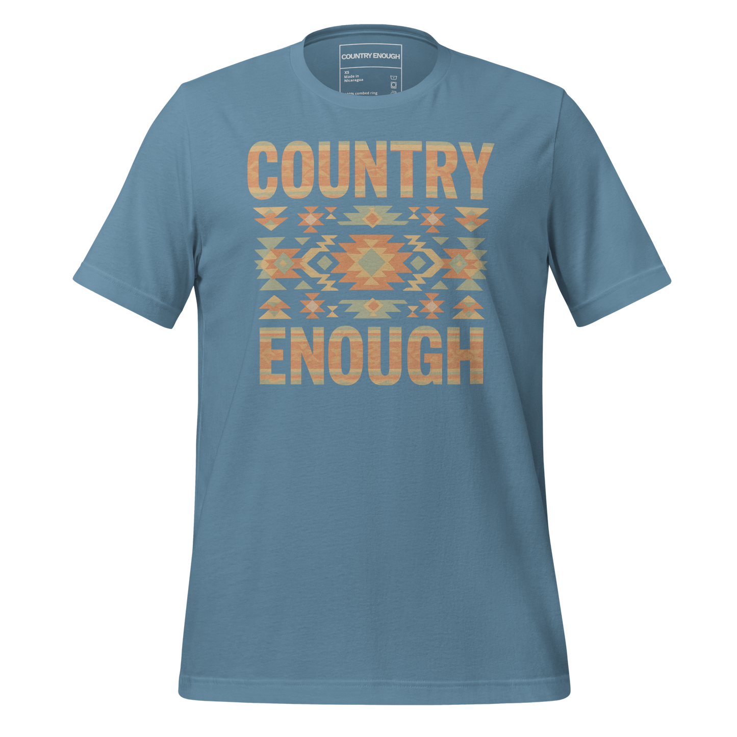 Steel Blue t-shirt with a stand alone aztec pattern and the pattern used as the color for the words country enough #steelblue