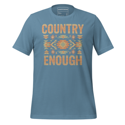 Steel Blue t-shirt with a stand alone aztec pattern and the pattern used as the color for the words country enough #steelblue