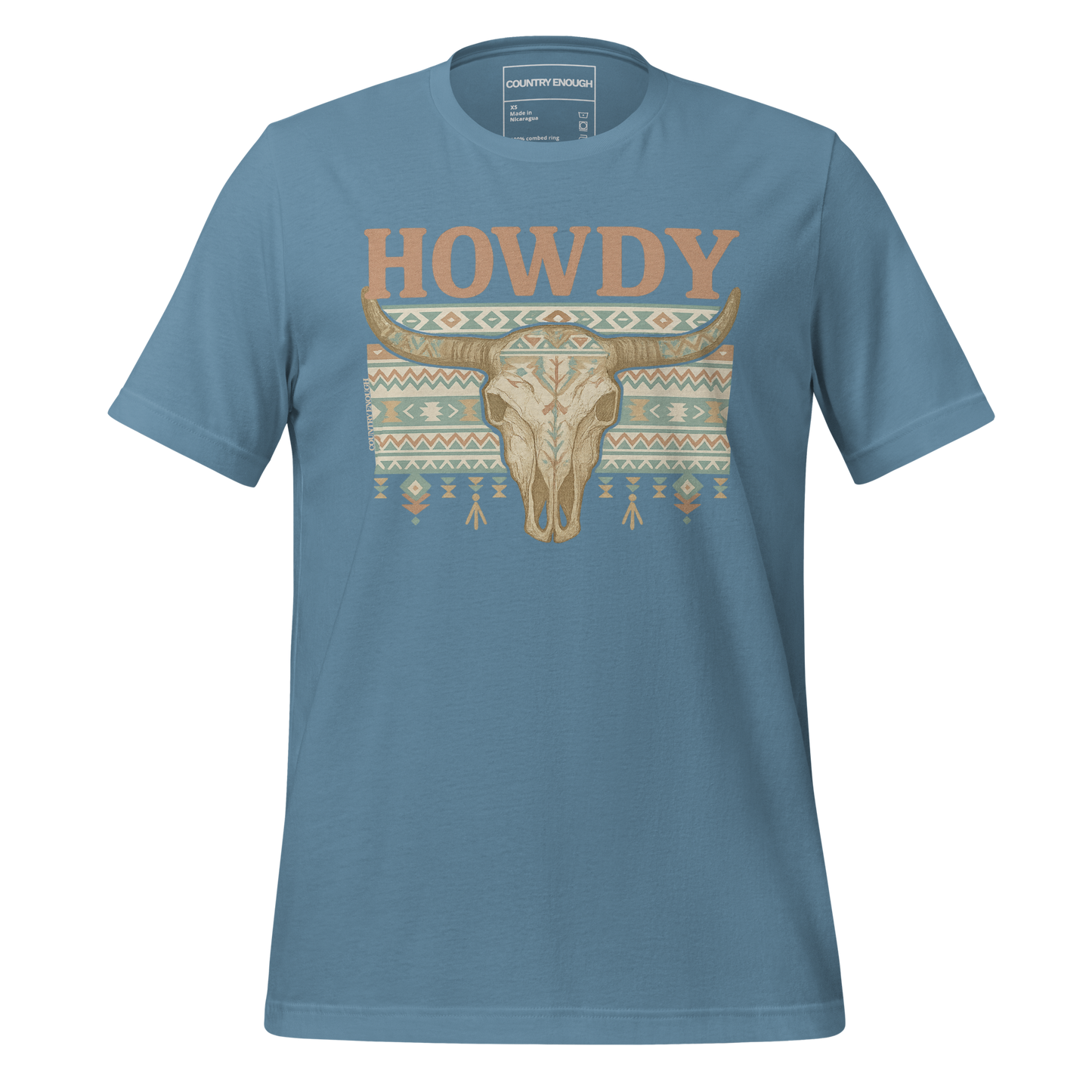 Steel Blue t-shirt with graphic of bull skull, aztec pattern, and words howdy across the top #steelblue