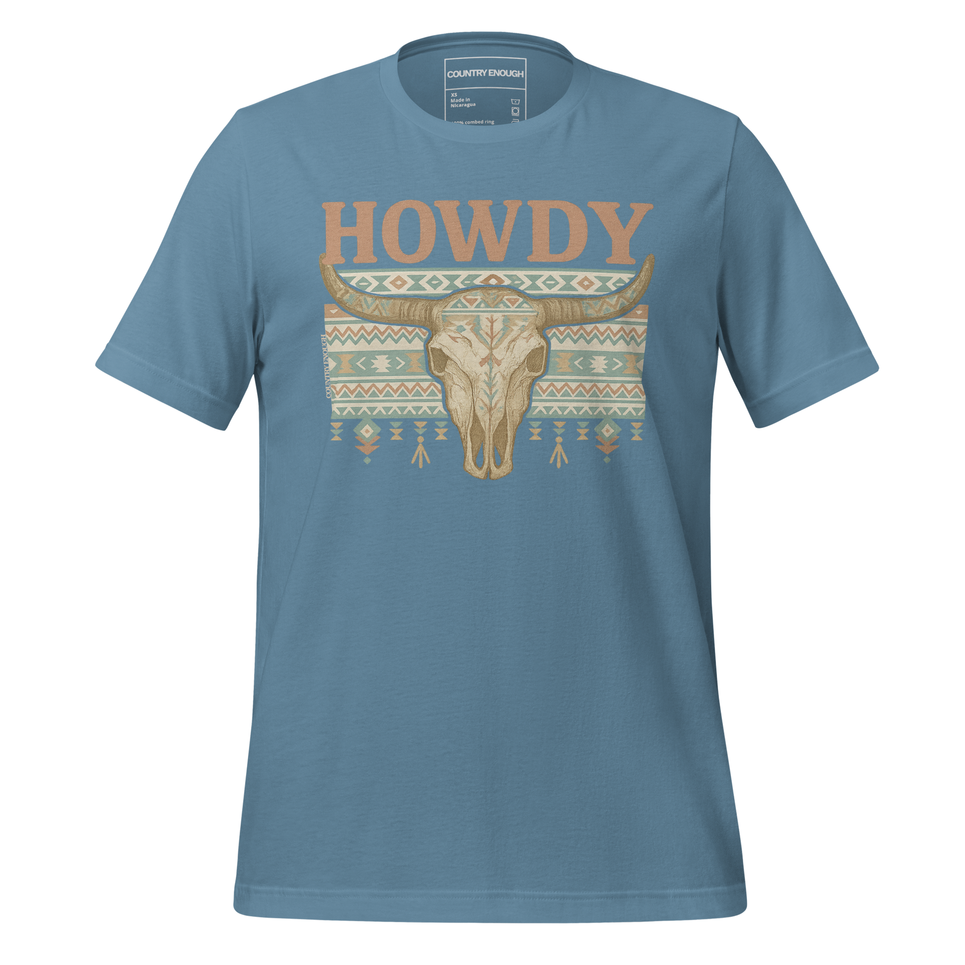 Steel Blue t-shirt with graphic of bull skull, aztec pattern, and words howdy across the top #steelblue