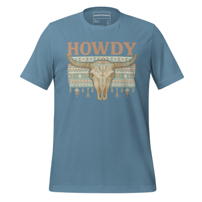 Steel Blue t-shirt with graphic of bull skull, aztec pattern, and words howdy across the top #steelblue