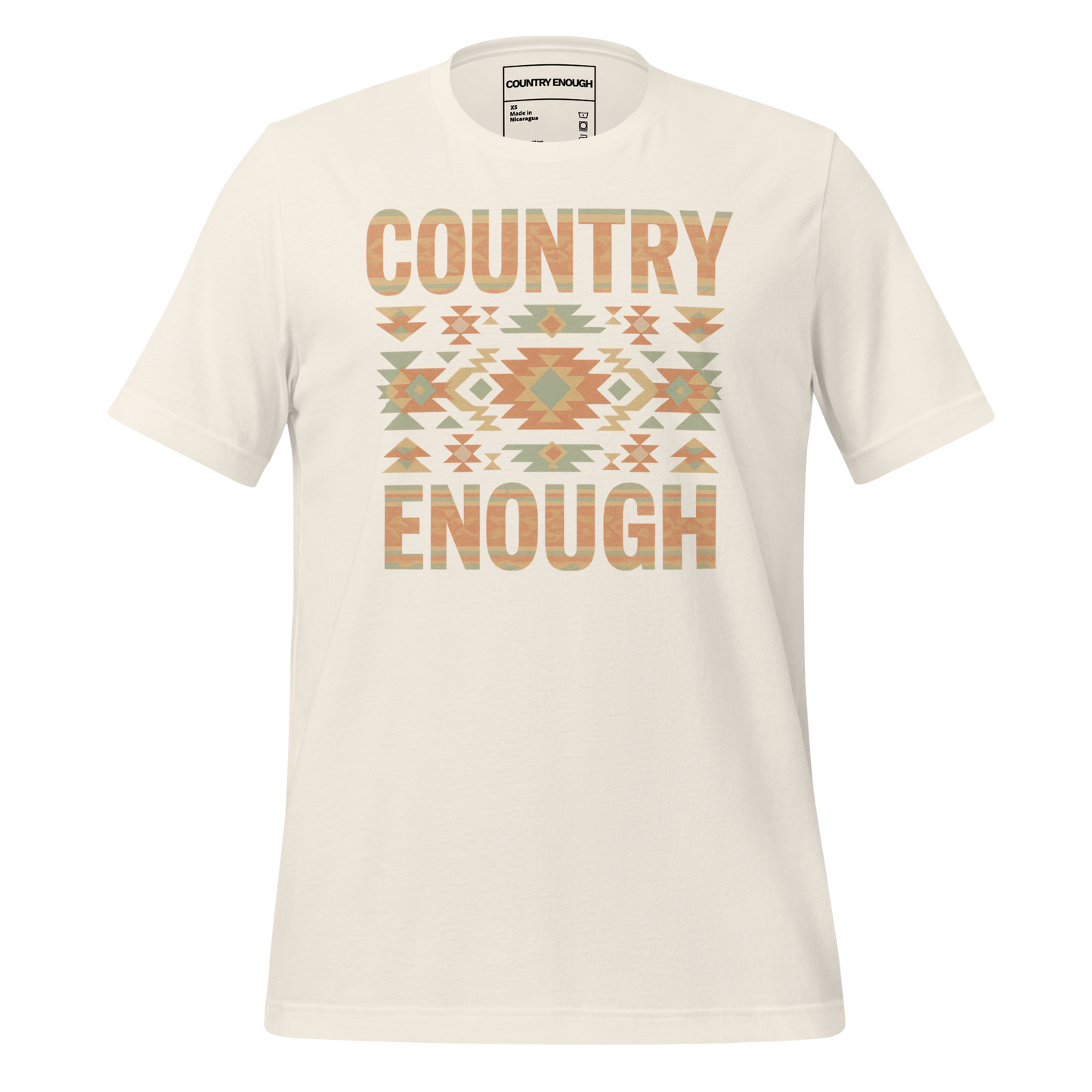 Vintage White t-shirt with a stand alone aztec pattern and the pattern used as the color for the words country enough #vintagewhite