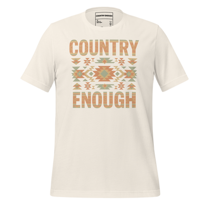 Vintage White t-shirt with a stand alone aztec pattern and the pattern used as the color for the words country enough #vintagewhite