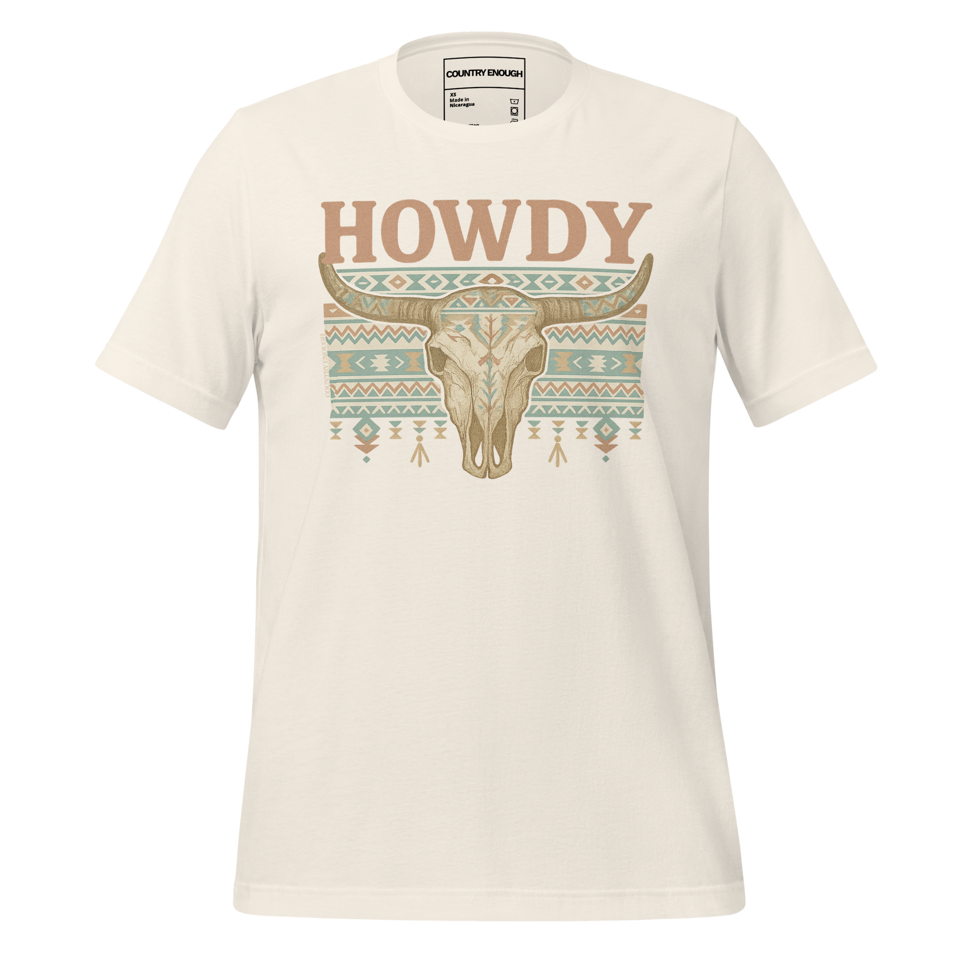 Vintage White t-shirt with graphic of bull skull, aztec pattern, and words howdy across the top #vintagewhite