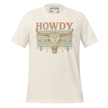 Vintage White t-shirt with graphic of bull skull, aztec pattern, and words howdy across the top #vintagewhite