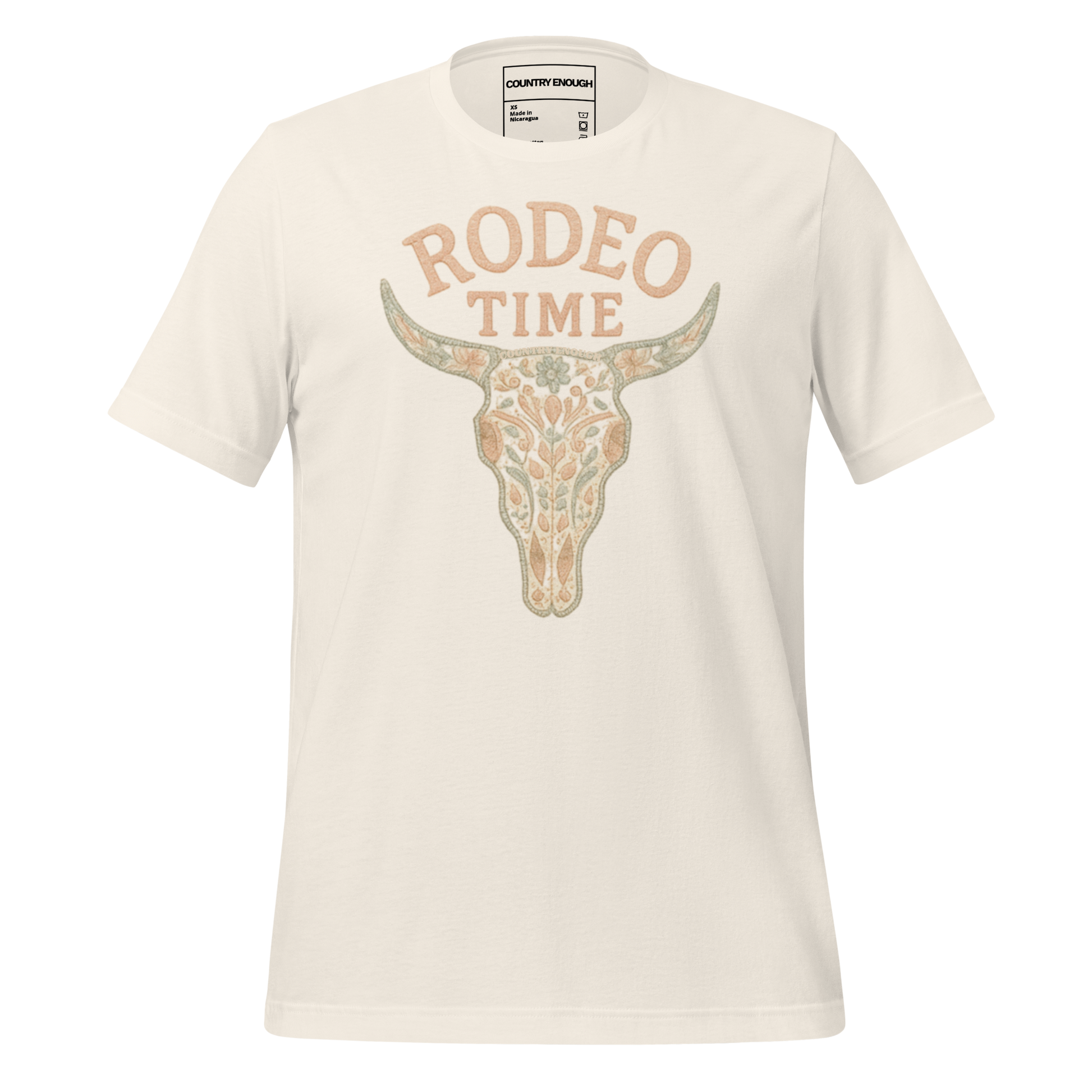 Vintage White t-shirt with graphic of a bull skull filled with flower pattern and the words rodeo time above #vintagewhite