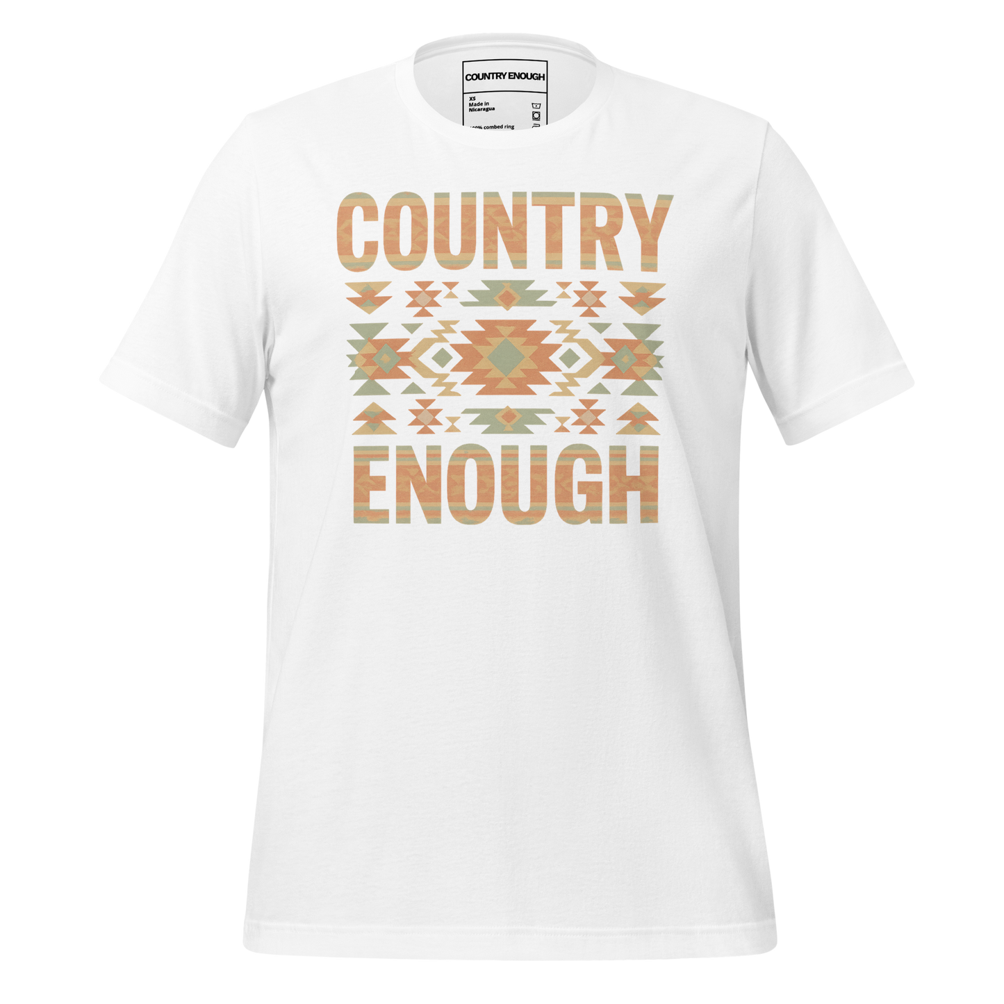 White t-shirt with a stand alone aztec pattern and the pattern used as the color for the words country enough #white