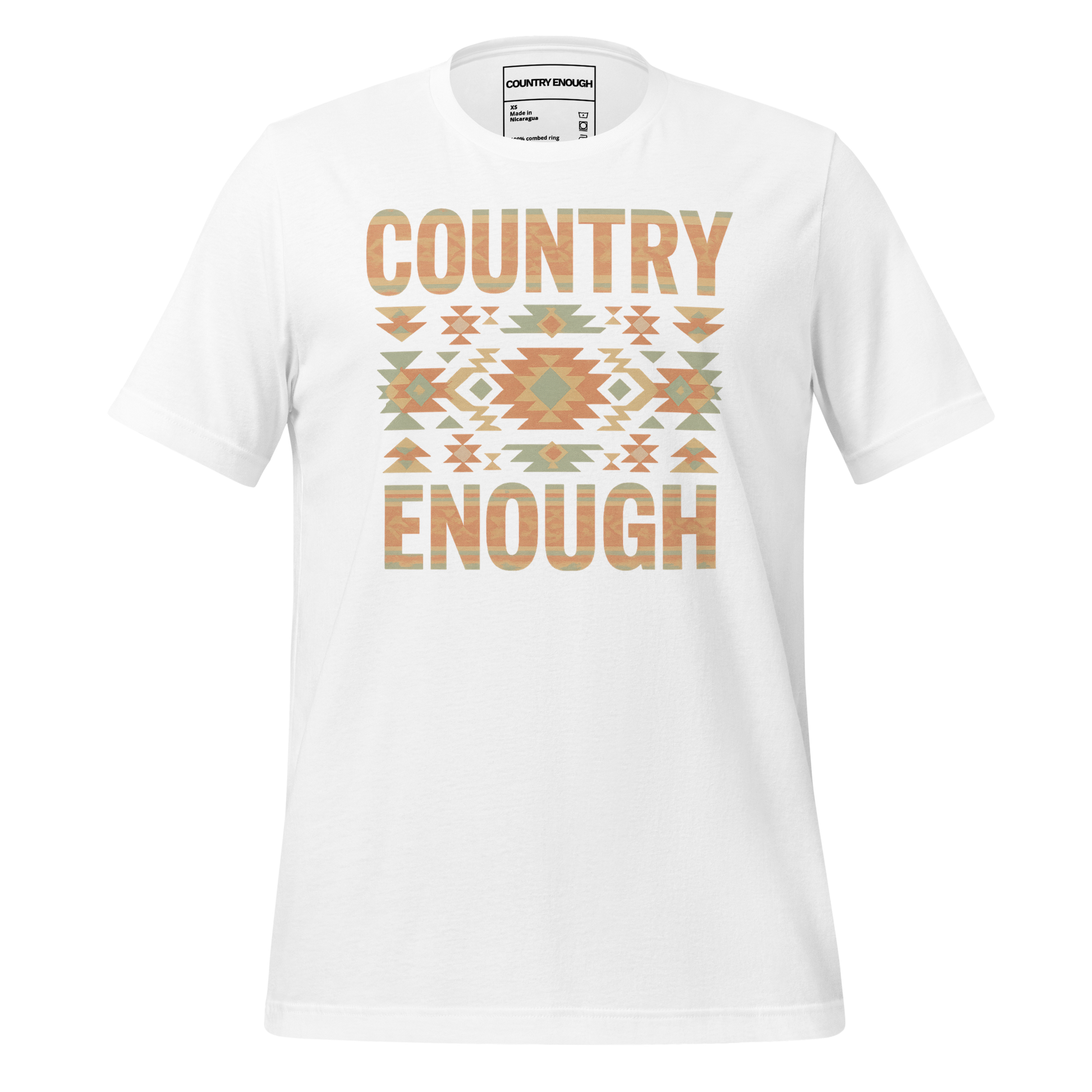 White t-shirt with a stand alone aztec pattern and the pattern used as the color for the words country enough #white