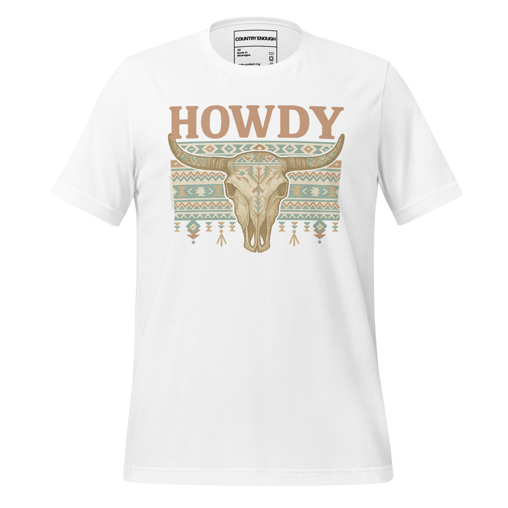 White t-shirt with graphic of bull skull, aztec pattern, and words howdy across the top #white